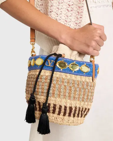 Valentino Garavani Small Viscose Raffia Beaded Bucket Bag | Thumbnail 6