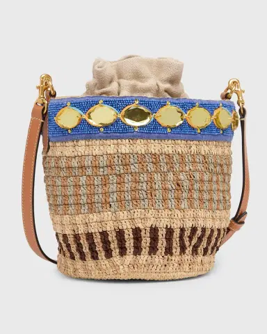Valentino Garavani Small Viscose Raffia Beaded Bucket Bag | Thumbnail 7