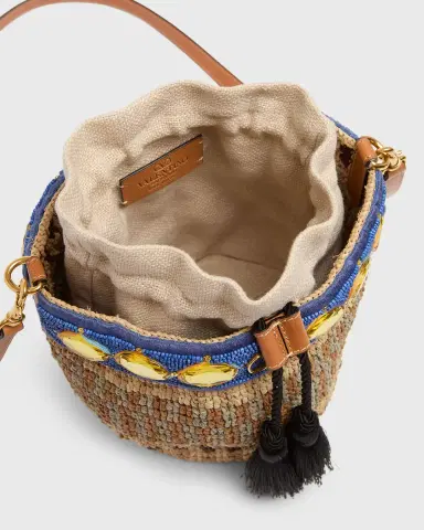 Valentino Garavani Small Viscose Raffia Beaded Bucket Bag | Thumbnail 8