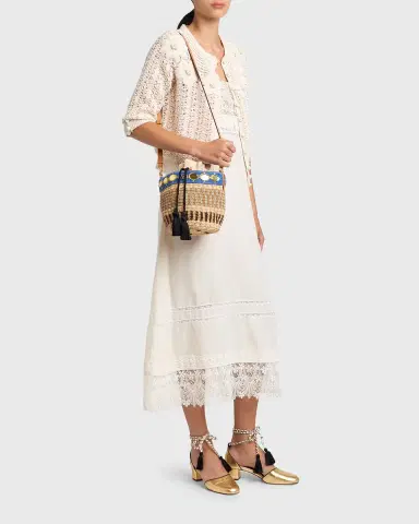 Valentino Garavani Small Viscose Raffia Beaded Bucket Bag | Thumbnail 9