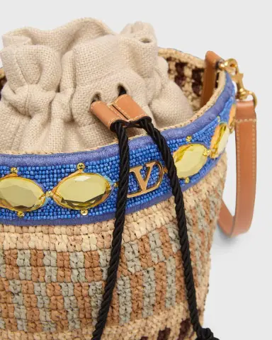 Valentino Garavani Small Viscose Raffia Beaded Bucket Bag | Thumbnail 10