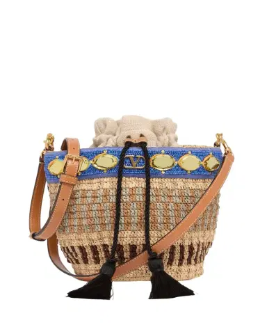 Valentino Garavani Small Viscose Raffia Beaded Bucket Bag | Thumbnail 1