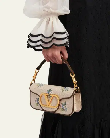 Valentino Garavani Small Floral-Embroidered Woven Flax Shoulder Bag | Thumbnail 2 Valentino Garavani Small Floral-Embroidered Woven Flax Shoulder Bag | Thumbnail 2