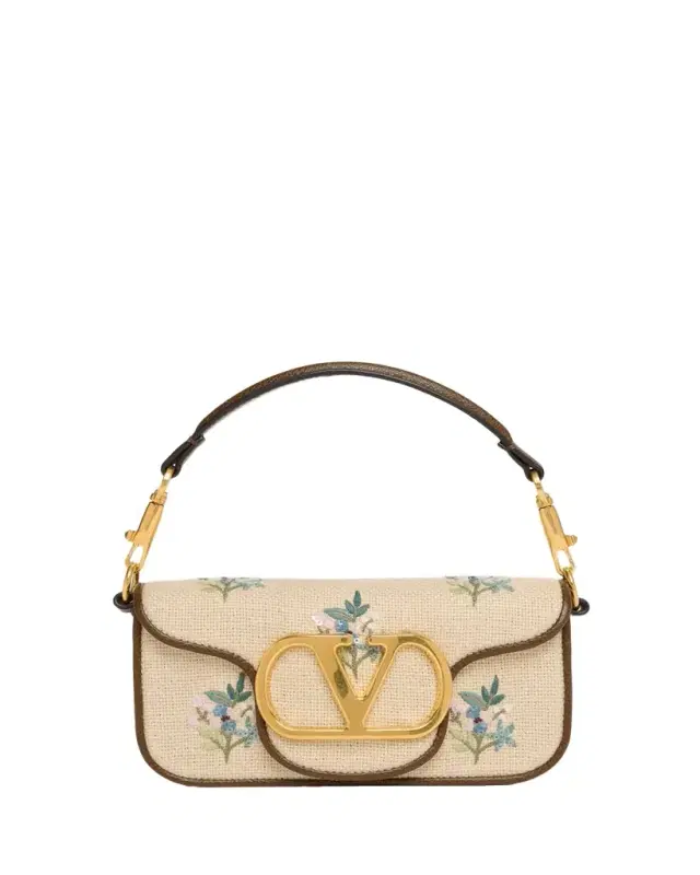 Valentino Garavani Small Floral-Embroidered Woven Flax Shoulder Bag