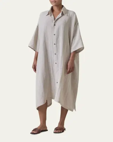Eskandar Metallic Linen Wide A-Line Short-Sleeve Shirtdress With Collar | Thumbnail 2 Eskandar Metallic Linen Wide A-Line Short-Sleeve Shirtdress With Collar | Thumbnail 2