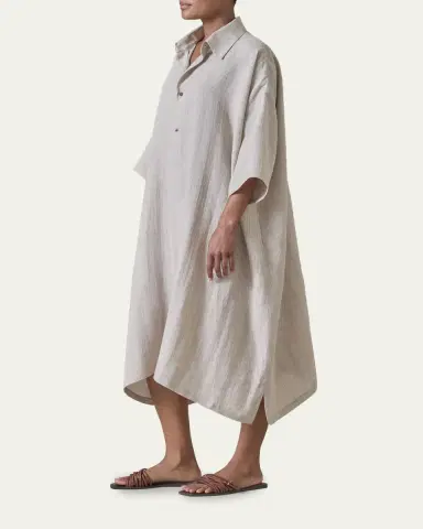 Eskandar Metallic Linen Wide A-Line Short-Sleeve Shirtdress With Collar | Thumbnail 4 Eskandar Metallic Linen Wide A-Line Short-Sleeve Shirtdress With Collar | Thumbnail 4