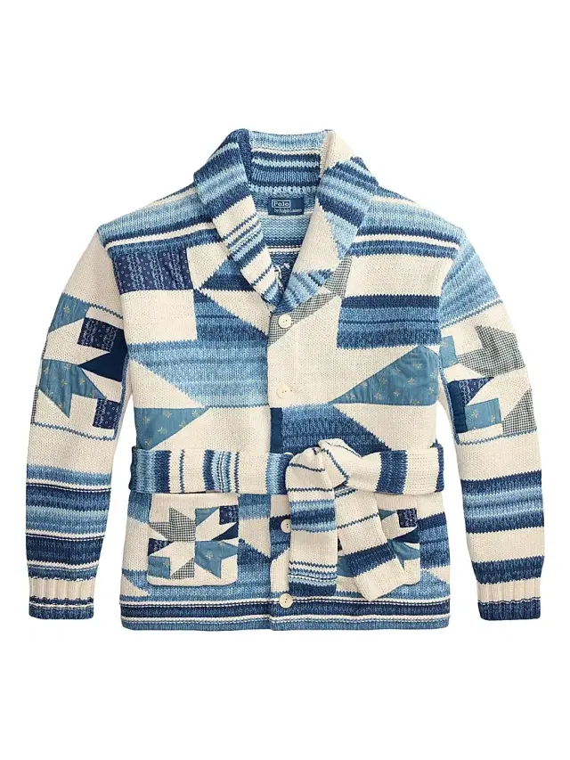 Polo Ralph Lauren Men's Quilted Patchwork Tie-Waist Cotton-Linen Cardigan - Cream Blue Combo