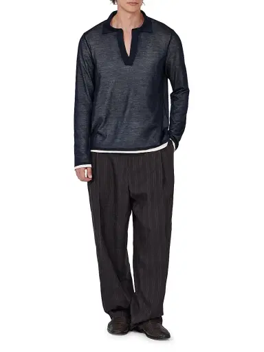 Ferragamo Men's Silk Johnny Collar Polo Sweater - New Navy Bianco Off White - Size XL | Thumbnail 2 Ferragamo Men's Silk Johnny Collar Polo Sweater - New Navy Bianco Off White - Size XL | Thumbnail 2
