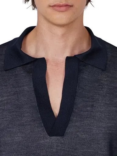 Ferragamo Men's Silk Johnny Collar Polo Sweater - New Navy Bianco Off White - Size XL | Thumbnail 5 Ferragamo Men's Silk Johnny Collar Polo Sweater - New Navy Bianco Off White - Size XL | Thumbnail 5