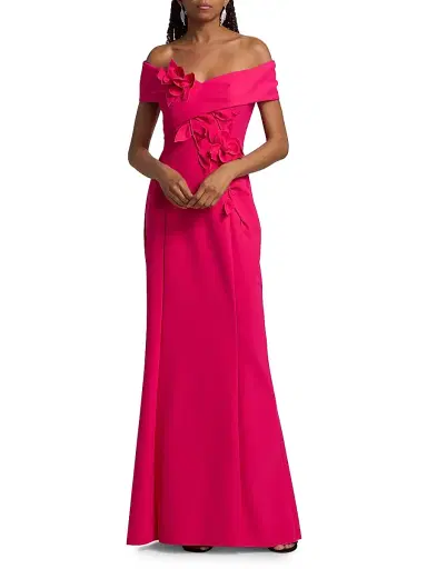 Teri Jon by Rickie Freeman Women's Scuba Flower Off-The-Shoulder Gown | Thumbnail 2 Teri Jon by Rickie Freeman Women's Scuba Flower Off-The-Shoulder Gown | Thumbnail 2