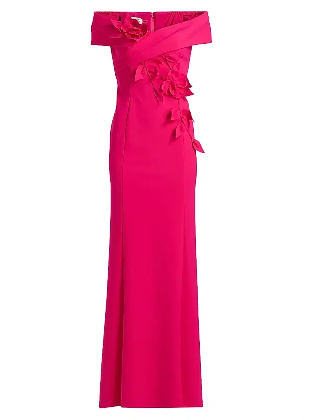 Women's Scuba Flower Off-The-Shoulder Gown - Hot Pink
