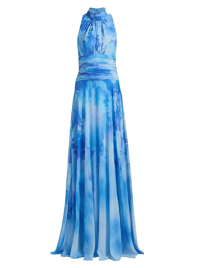 Teri Jon by Rickie Freeman Women's Cloud Print Chiffon Gown - Blue Multi