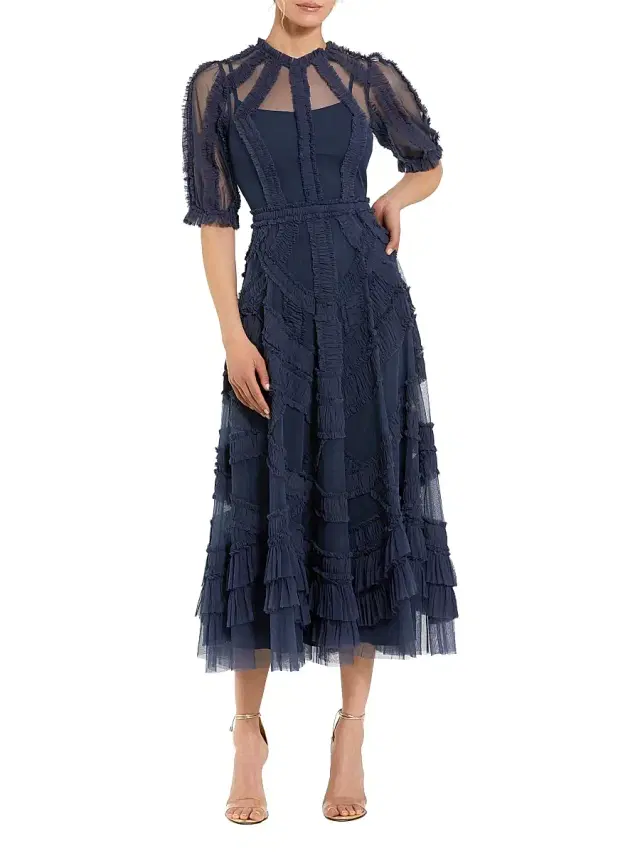 Mac Duggal Women's Petite Tulle Ruffle Tiered Midi-Dress - Midnight Petite 16