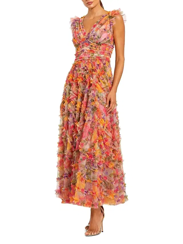Women's Floral Tulle Ruffle Maxi Dress
