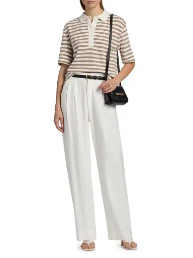 MAJESTIC FILATURES Women's Cotton-Linen Striped Polo Shirt - Coffee Latte - Size Large | Thumbnail 2