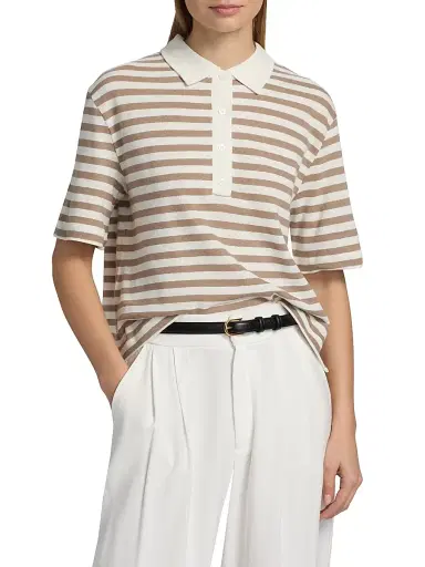 MAJESTIC FILATURES Women's Cotton-Linen Striped Polo Shirt - Coffee Latte - Size Large | Thumbnail 3