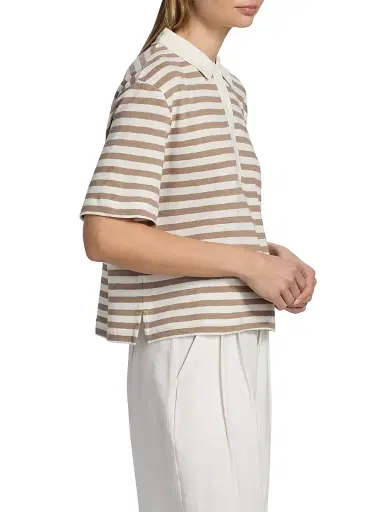 MAJESTIC FILATURES Women's Cotton-Linen Striped Polo Shirt - Coffee Latte - Size Large | Thumbnail 4