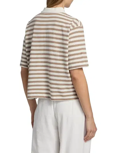 MAJESTIC FILATURES Women's Cotton-Linen Striped Polo Shirt - Coffee Latte - Size Large | Thumbnail 5