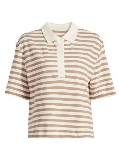 MAJESTIC FILATURES Women's Cotton-Linen Striped Polo Shirt - Coffee Latte - Size Large | Thumbnail 1