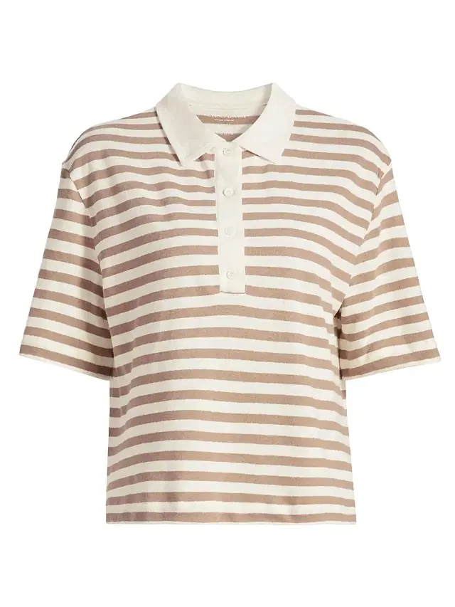 Women's Cotton-Linen Striped Polo Shirt - Coffee Latte