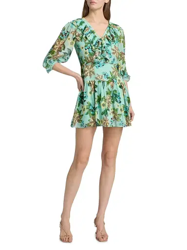 Saloni Women's Susie Floral Ruffled Georgette Minidress - Fiori Mint - Size 12 | Thumbnail 2