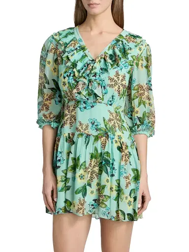 Saloni Women's Susie Floral Ruffled Georgette Minidress - Fiori Mint - Size 12 | Thumbnail 3