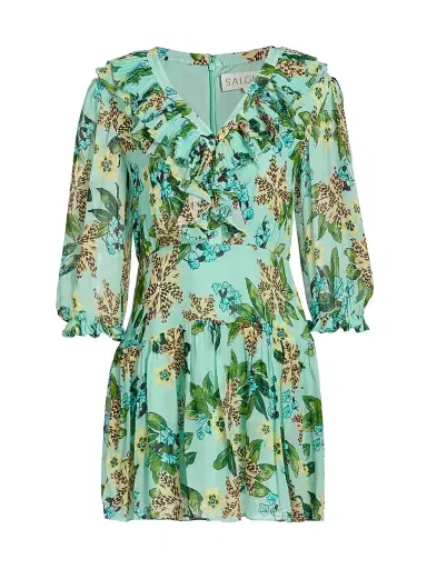 Saloni Women's Susie Floral Ruffled Georgette Minidress - Fiori Mint - Size 12 | Thumbnail 1