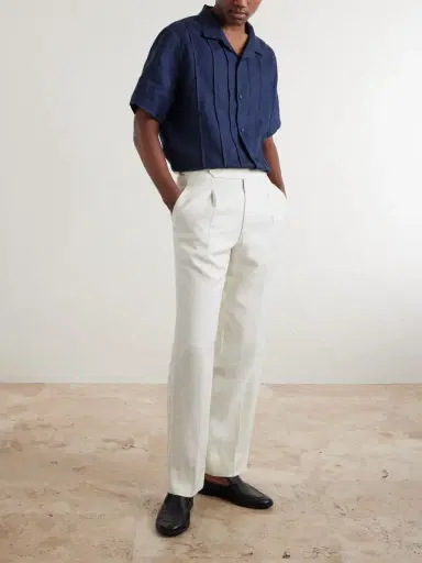 MR P. Camp-Collar Embroidered Pintucked Linen Shirt - Men | Thumbnail 2