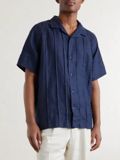 MR P. Camp-Collar Embroidered Pintucked Linen Shirt - Men | Thumbnail 3