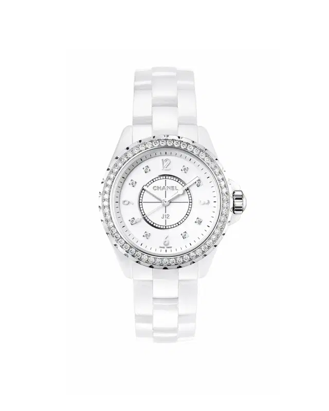 CHANEL J12 33MM WHITE SINGLE ROW DIAMOND BEZEL WATCH