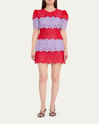 Carolina Herrera Tiered Colorblock Lace Short-Sleeve Mini Dress | Thumbnail 5 Carolina Herrera Tiered Colorblock Lace Short-Sleeve Mini Dress | Thumbnail 5