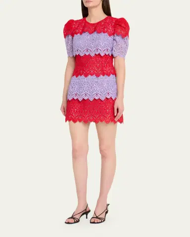 Carolina Herrera Tiered Colorblock Lace Short-Sleeve Mini Dress | Thumbnail 7 Carolina Herrera Tiered Colorblock Lace Short-Sleeve Mini Dress | Thumbnail 7