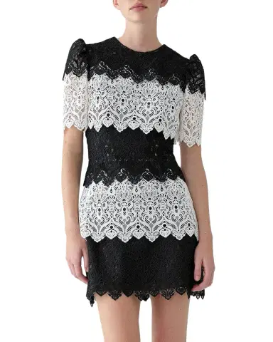 Carolina Herrera Tiered Colorblock Lace Short-Sleeve Mini Dress | Thumbnail 1 Carolina Herrera Tiered Colorblock Lace Short-Sleeve Mini Dress | Thumbnail 1