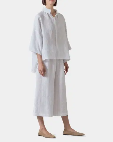 Eskandar Sloped Shoulder Wide A-Line Pleated Collar Short Sleeve Shirt - Mid Length | Thumbnail 2 Eskandar Sloped Shoulder Wide A-Line Pleated Collar Short Sleeve Shirt - Mid Length | Thumbnail 2
