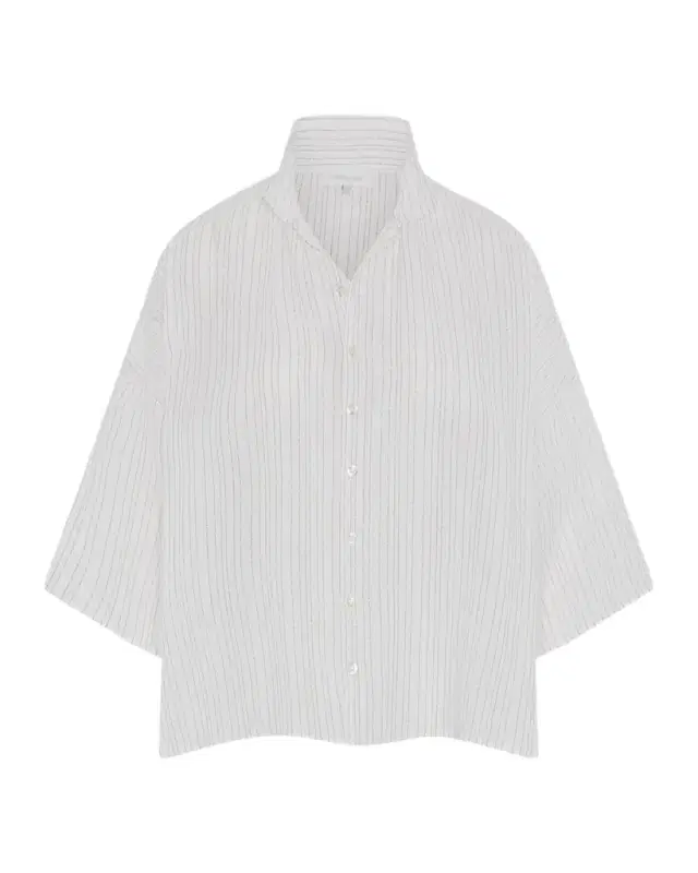 Sloped Shoulder Wide A-Line Pleated Collar Short Sleeve Shirt - Mid Length