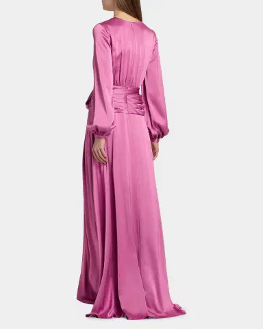 Badgley Mischka Satin Faux-Wrap Long Sleeve Gown | Thumbnail 3 Badgley Mischka Satin Faux-Wrap Long Sleeve Gown | Thumbnail 3