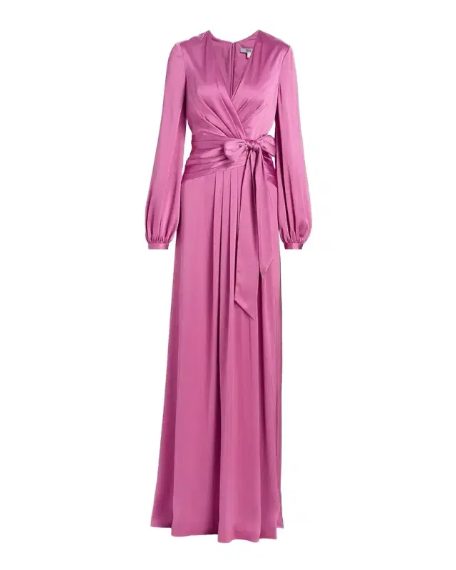 Badgley Mischka Satin Faux-Wrap Long Sleeve Gown