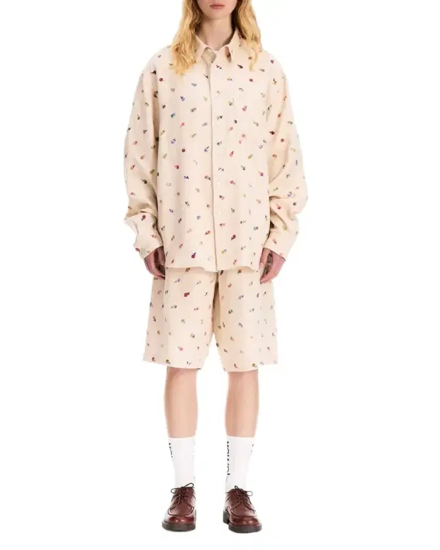 Men 's Linen Blend Floral Embroidered Button-Down Shirt