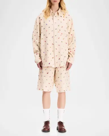 vowels Men's Floral-Embroidered Linen-Blend Pull-On Shorts | Thumbnail 2 vowels Men's Floral-Embroidered Linen-Blend Pull-On Shorts | Thumbnail 2