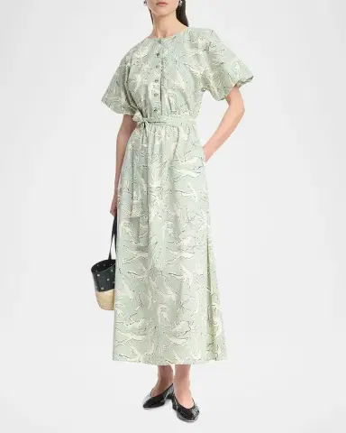 Altuzarra Paulina Dove-Print Cotton Puff-Sleeve Belted Midi Dress | Thumbnail 2 Altuzarra Paulina Dove-Print Cotton Puff-Sleeve Belted Midi Dress | Thumbnail 2