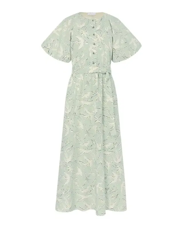 Paulina Dove-Print Cotton Puff-Sleeve Belted Midi Dress Paulina Dove-Print Cotton Puff-Sleeve Belted Midi Dress