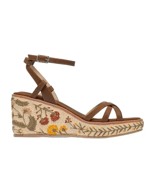 95mm Cairo Embroidered Raffia and Leather Wedge Sandals