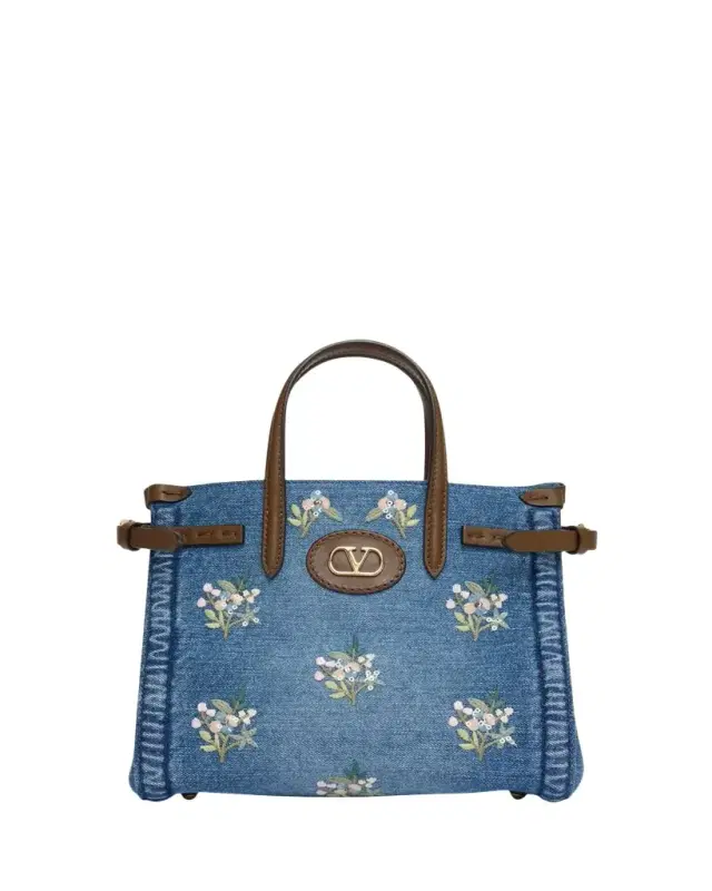 Antibes Small Floral-Embroidered Denim Tote Bag