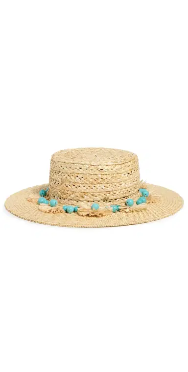 Lele Sadoughi Turquoise Poms Straw Hat | Thumbnail 1 Lele Sadoughi Turquoise Poms Straw Hat | Thumbnail 1