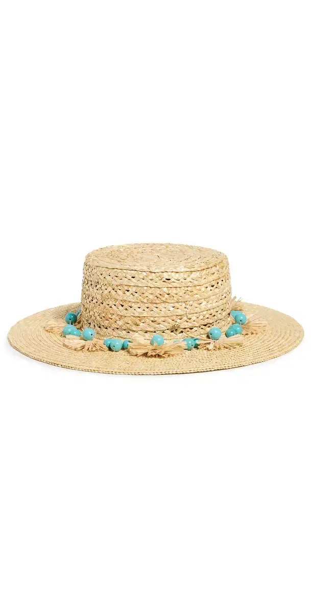 Lele Sadoughi Turquoise Poms Straw Hat Natural One Size