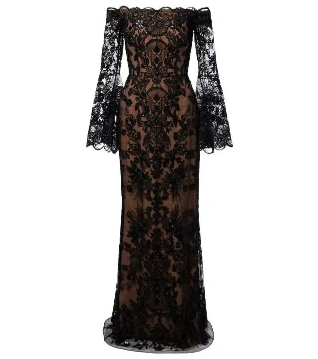 Sequined off-shoulder lace gown