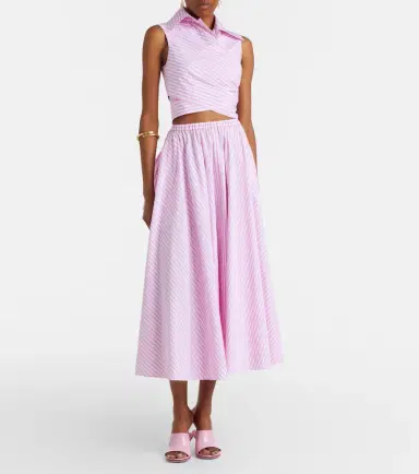Patou Pleated striped cotton poplin midi skirt | Thumbnail 3