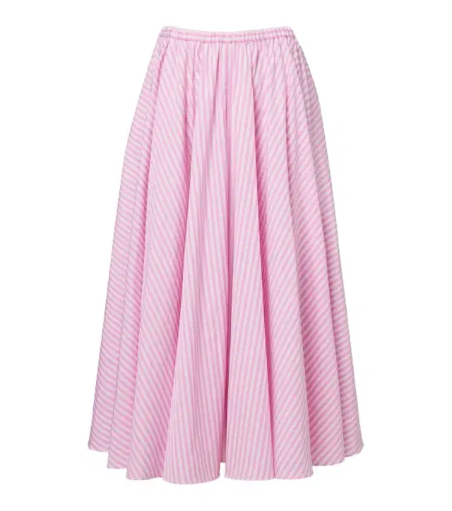 Pleated striped cotton poplin midi skirt