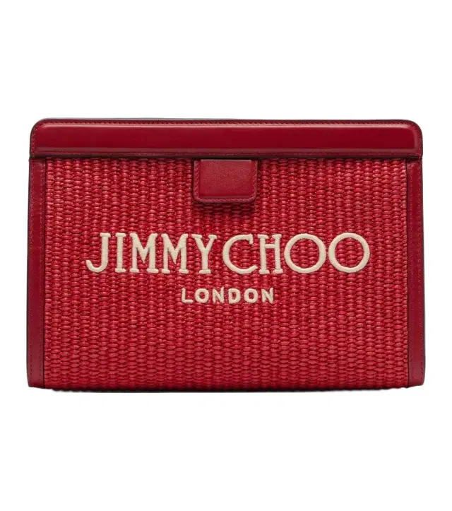 Jimmy Choo Avenue Small leather-trimmed raffia pouch