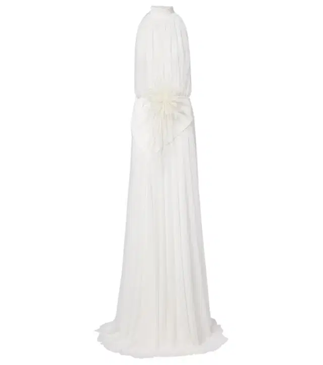 Draped floral-appliqué gown